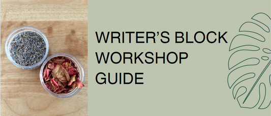 Two small containers of lavender and rose petals on a wooden surface with 'Writer's Block Workshop Guide' text on a green background.